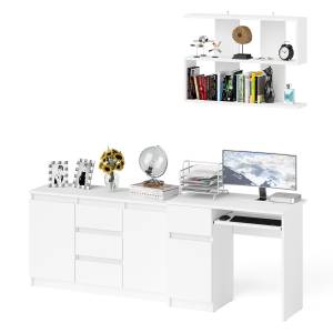 Стол компьютерный Мори МС-1 левый с верхней полкой и комодом с дверками и ящиками цвет белый