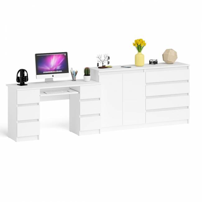 Компьютерный двухтумбовый стол с панелью для клавиатуры с тумбой-комодом 1600 Мори цвет белый