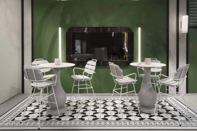 Стол барный из HPL пластика Ottocento Up Special гранитный, белый мрамор Калакатта Ø800х1110 мм