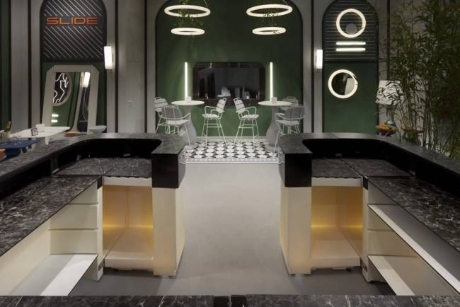 Стол барный из HPL пластика Ottocento Up Special гранитный, белый мрамор Калакатта Ø800х1110 мм