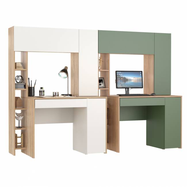 Столы с системой хранения для двоих Комфорт 12.71 цвет дуб сонома/белый/гикори рокфорд натуральный/дымчатый зелёный