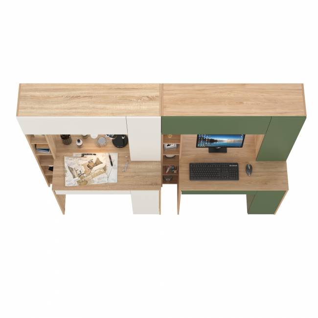 Столы с системой хранения для двоих Комфорт 12.71 цвет дуб сонома/белый/гикори рокфорд натуральный/дымчатый зелёный