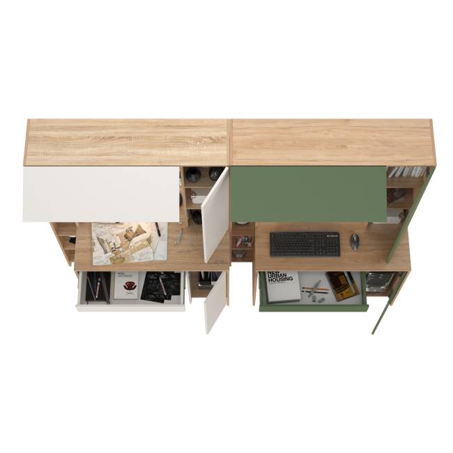 Столы с системой хранения для двоих Комфорт 12.71 цвет дуб сонома/белый/гикори рокфорд натуральный/дымчатый зелёный