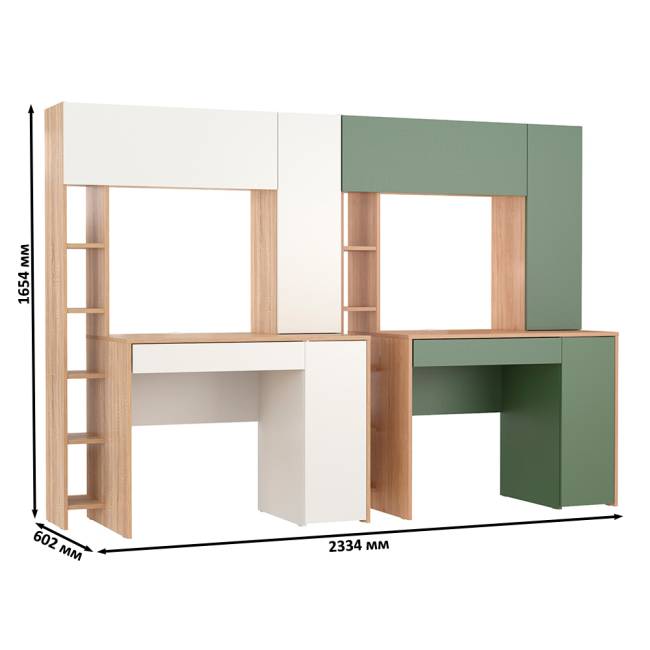 Столы с системой хранения для двоих Комфорт 12.71 цвет дуб сонома/белый/гикори рокфорд натуральный/дымчатый зелёный