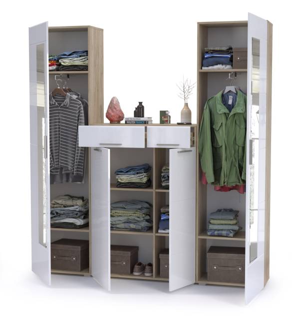 Два шкафа для одежды с комодом Лайн цвет дуб крафт серый/фасады МДФ белый глянец