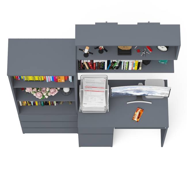 Рабочее место из стола компьютерного МС-1 левый со стеллажоми и настенной полкой Мори цвет графит