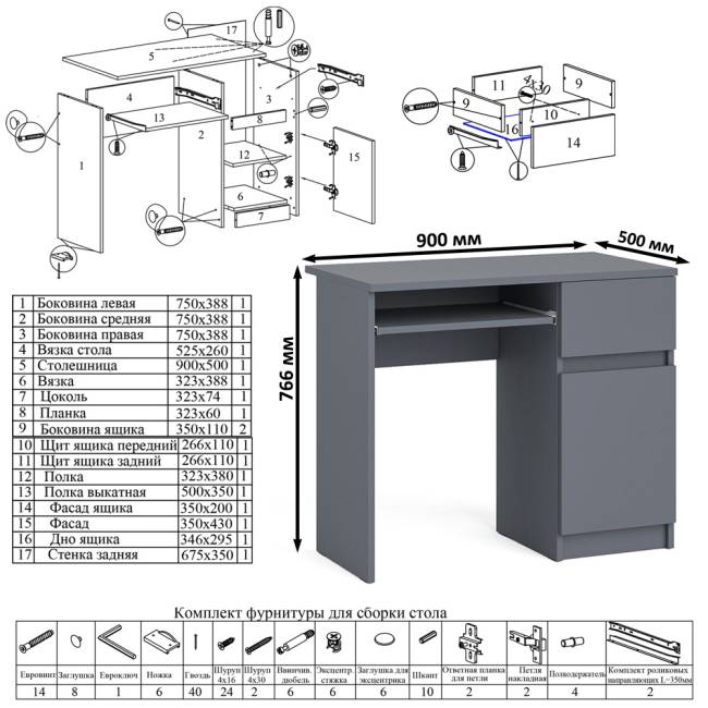 Мори компьютерный стол с тумбой с дверкой и ящиком правый и шкаф-комод МШ1200-1 цвет графит