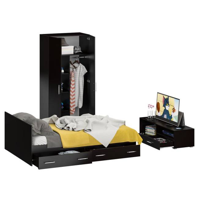 Спальня Стандарт № 3 с кроватью 1400 с ящиками цвет венге/фасады ТВ тумбы МДФ чёрный глянец