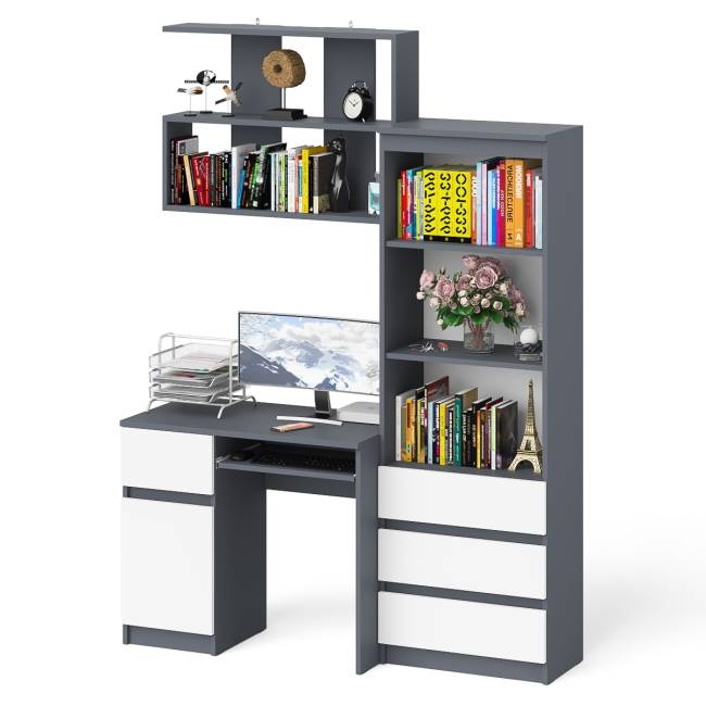 Рабочее место из стола компьютерного МС-1 левый со стеллажоми и настенной полкой Мори цвет графит/белый