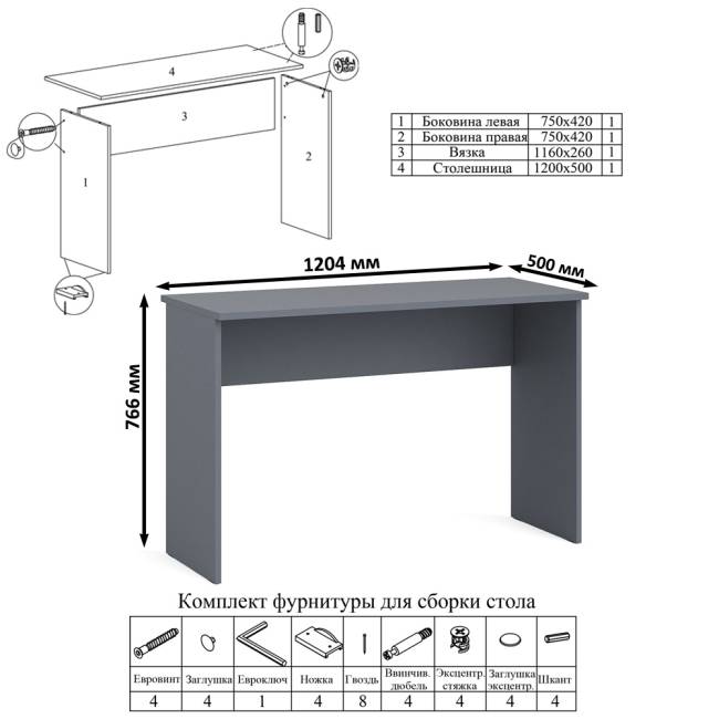 Письменный стол Мори с широким комодом на 6-ть ящиков цвет графит/белый