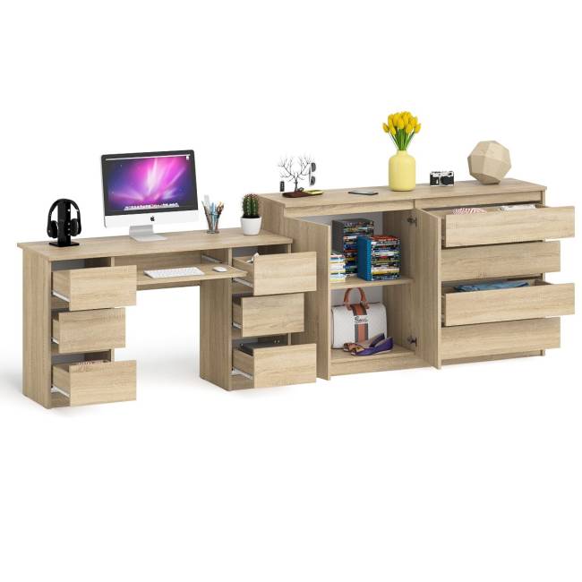 Компьютерный двухтумбовый стол с панелью для клавиатуры с тумбой-комодом 1600 Мори цвет дуб сонома