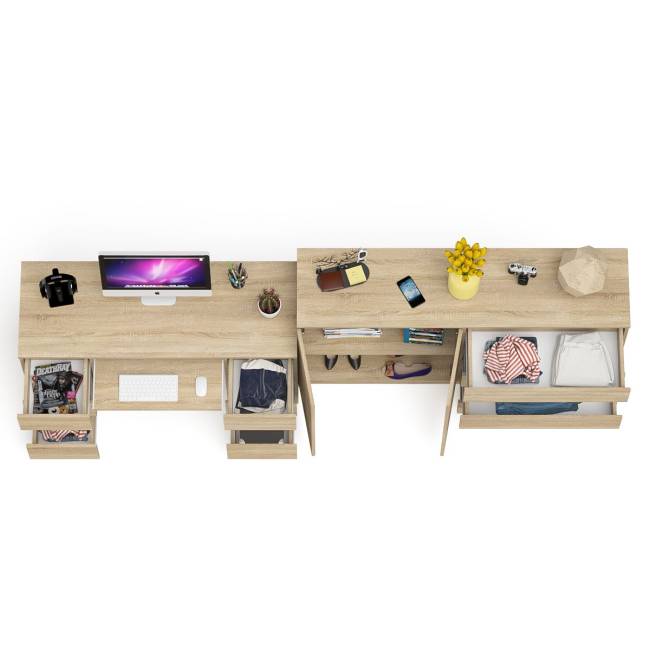 Компьютерный двухтумбовый стол с панелью для клавиатуры с тумбой-комодом 1600 Мори цвет дуб сонома