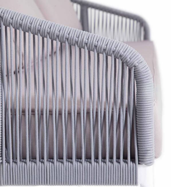 "Канны" диван 2-местный плетеный из роупа, каркас алюминий белый шагрень, роуп светло-серый круглый, ткань Neo ash