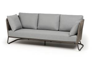 "Багамы" диван 3-местный плетеный из роупа, каркас алюминий бежево-серый (RAL7006) муар, роуп серо-коричневый 23мм, ткань светло-серая