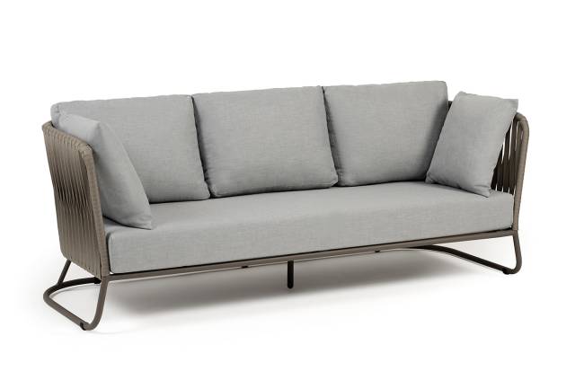 "Багамы" диван 3-местный плетеный из роупа, каркас алюминий бежево-серый (RAL7006) муар, роуп серо-коричневый 23мм, ткань светло-серая "Багамы" диван 3-местный плетеный из роупа, каркас алюминий бежево-серый (RAL7006) муар, роуп серо-коричневый 23мм, ткань светло-серая