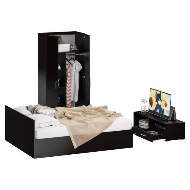 Спальня Стандарт № 3 с кроватью 1600 цвет венге/фасады ТВ тумбы МДФ чёрный глянец