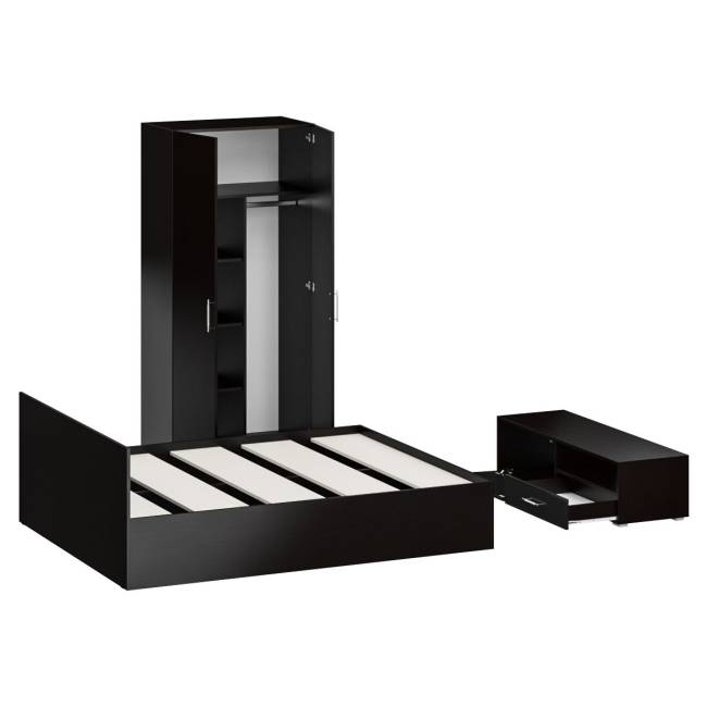 Спальня Стандарт № 3 с кроватью 1600 цвет венге/фасады ТВ тумбы МДФ чёрный глянец