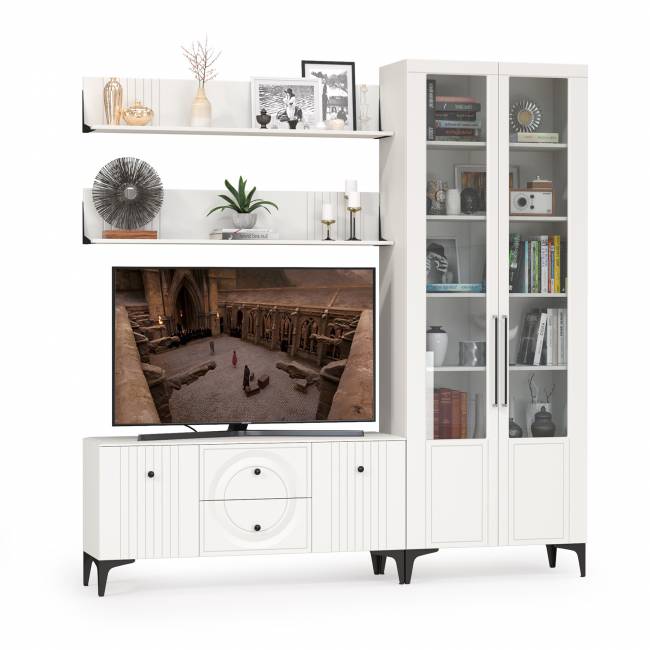 Сервант со стеклом и ТВ-тумба с двумя верхними полками Валенсия цвет белый шагрень