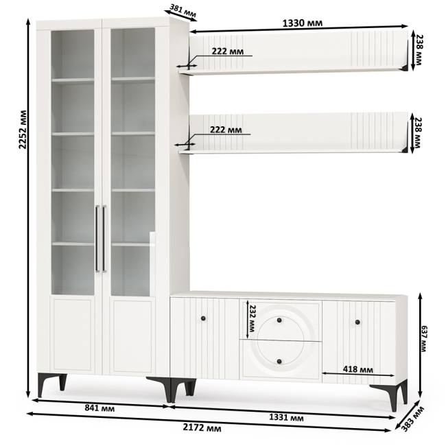 Сервант со стеклом и ТВ-тумба с двумя верхними полками Валенсия цвет белый шагрень