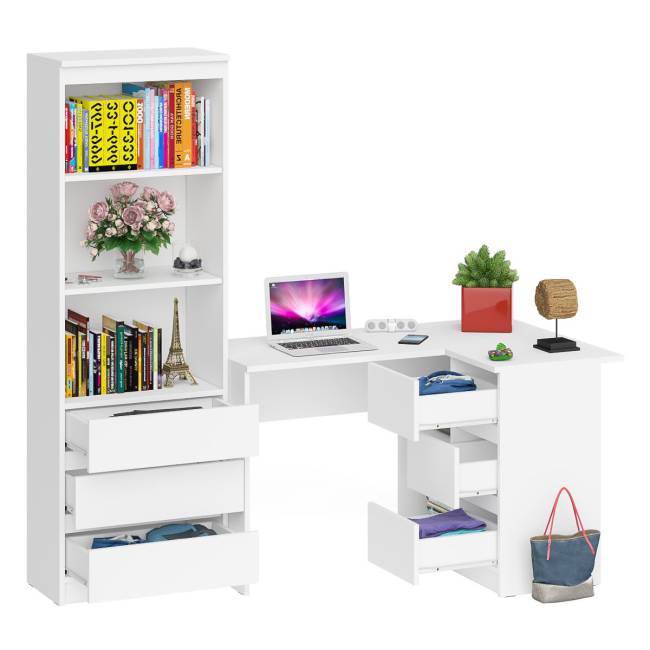 Стеллаж-комод три ящика Мори МСТ-600 с угловым компьютерным столом МС-16 тумба справа цвет белый