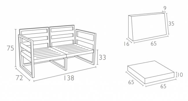 Диван пластиковый двухместный с подушками Mykonos серебристый, светло-коричневый 1380х720х750 мм