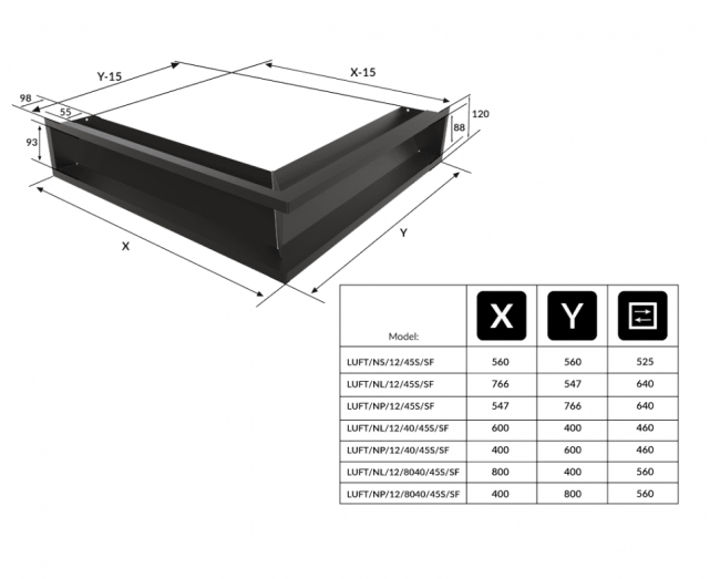 Решётка Kratki Luft SLIM 400х600х120 45S угловая правая черная