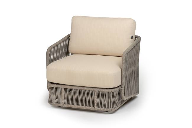 "Альбано" кресло плетеное из роупа, каркас алюминий светло-серый (RAL7035) муар, роуп серый меланж круглый, ткань Mossle светло-бежевая "Альбано" кресло плетеное из роупа, каркас алюминий светло-серый (RAL7035) муар, роуп серый меланж круглый, ткань Mossle светло-бежевая