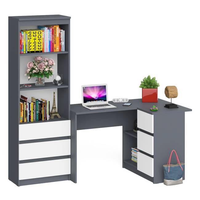 Стеллаж-комод три ящика Мори МСТ-600 с угловым компьютерным столом МС-16 тумба справа цвет графит/белый