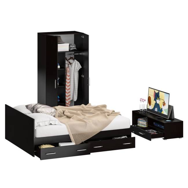 Спальня Стандарт № 3 с кроватью 1600 с ящиками цвет венге/фасады ТВ тумбы МДФ чёрный глянец