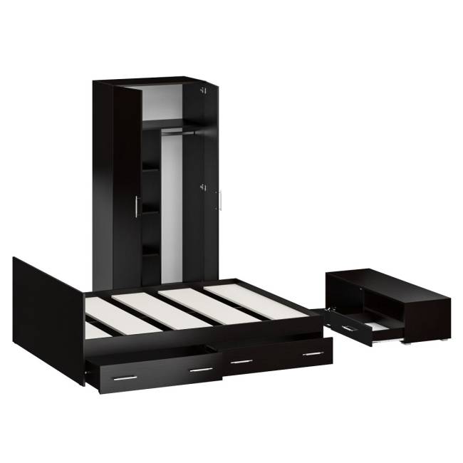 Спальня Стандарт № 3 с кроватью 1600 с ящиками цвет венге/фасады ТВ тумбы МДФ чёрный глянец