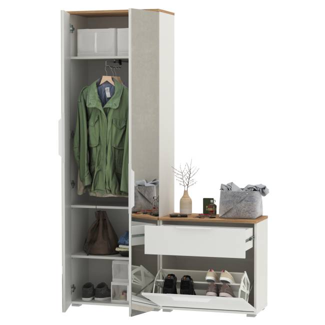 Шкаф для одежды с зеркальными дверками и обувница Октава цвет белый шагрень/дуб крафт золотой