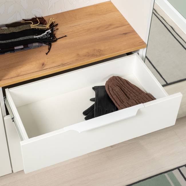 Шкаф для одежды с зеркальными дверками и обувница Октава цвет белый шагрень/дуб крафт золотой