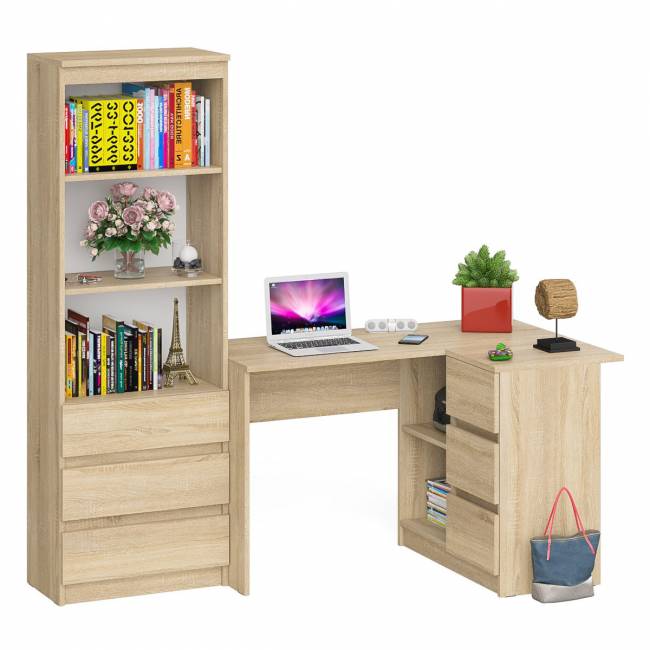 Стеллаж-комод три ящика Мори МСТ-600 с угловым компьютерным столом МС-16 тумба справа цвет дуб сонома