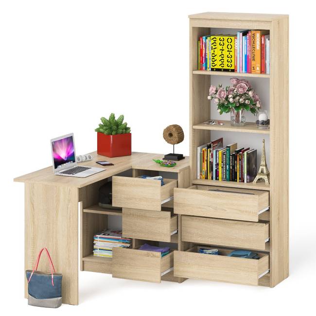 Стеллаж-комод три ящика Мори МСТ-600 с угловым компьютерным столом МС-16 тумба справа цвет дуб сонома