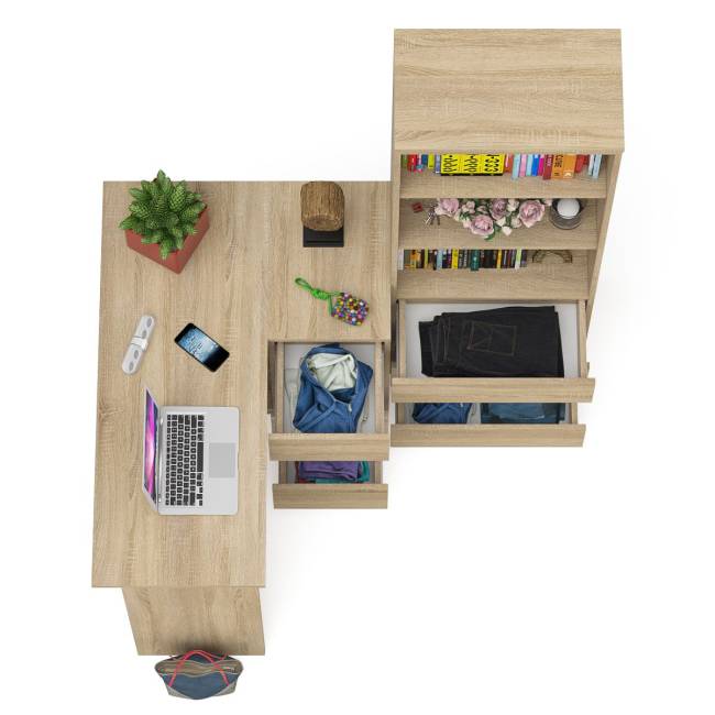 Стеллаж-комод три ящика Мори МСТ-600 с угловым компьютерным столом МС-16 тумба справа цвет дуб сонома