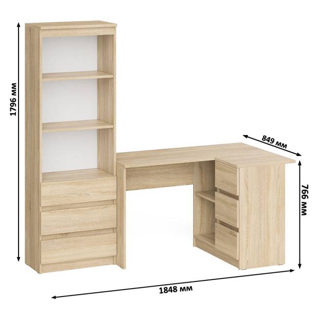 Стеллаж-комод три ящика Мори МСТ-600 с угловым компьютерным столом МС-16 тумба справа цвет дуб сонома