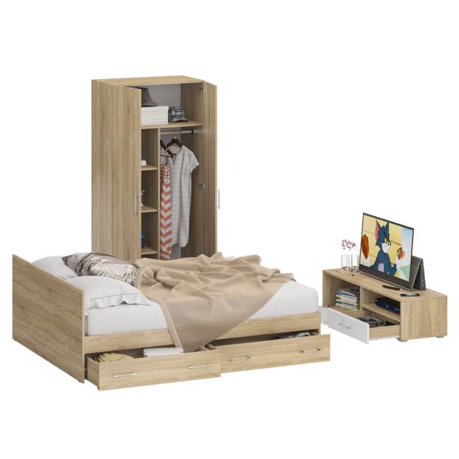 Спальня Стандарт № 3 с кроватью 1600 с ящиками цвет дуб сонома/фасады ТВ тумбы МДФ белый глянец