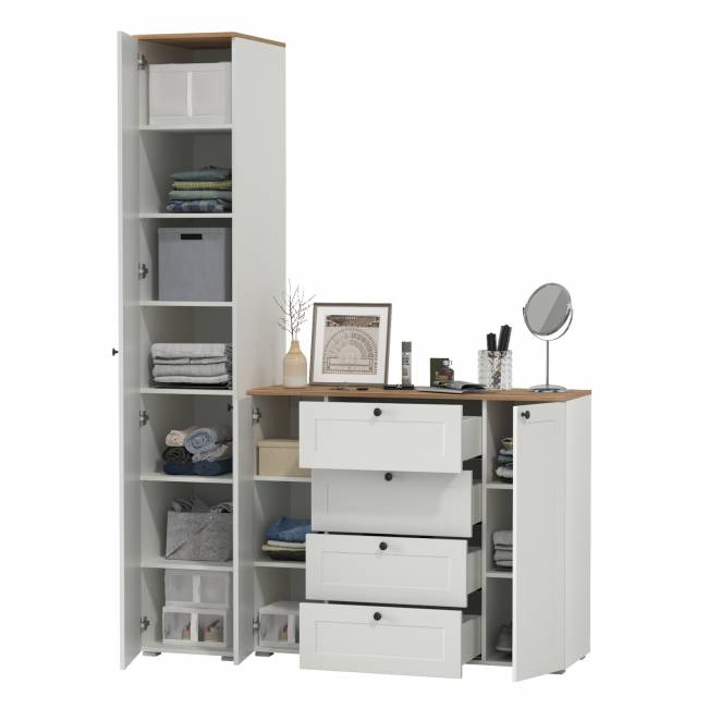 Шкаф-пенал и комод четыре ящика Остин цвет белый шагрень/дуб крафт золотой