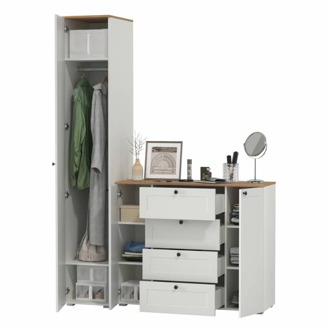 Шкаф-пенал и комод четыре ящика Остин цвет белый шагрень/дуб крафт золотой