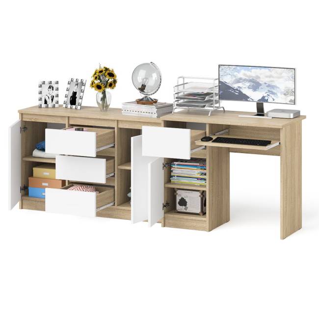 Комод-тумба Мори МК1200 3 ящика и две дверки со столом компьютерным МС-1 левым Мори цвет дуб сонома/белый