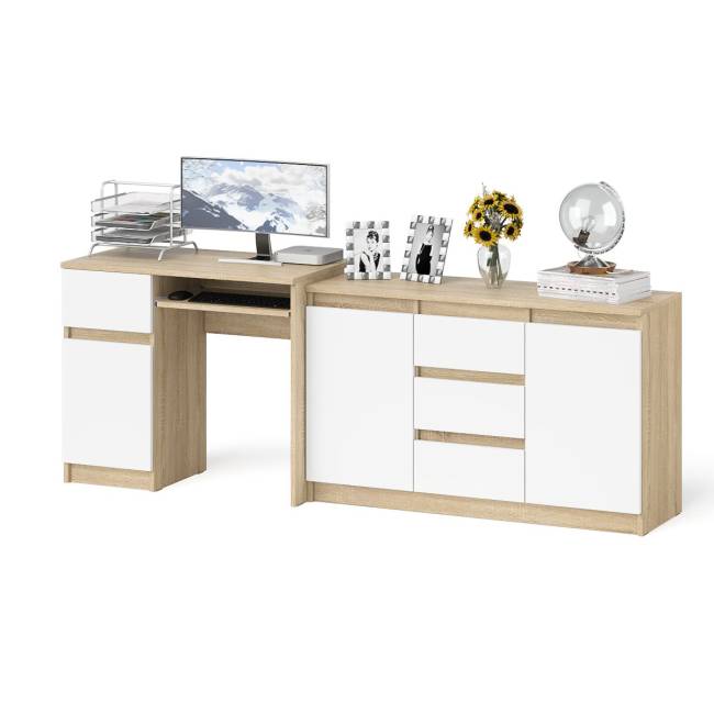 Комод-тумба Мори МК1200 3 ящика и две дверки со столом компьютерным МС-1 левым Мори цвет дуб сонома/белый