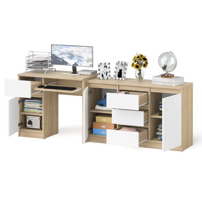 Комод-тумба Мори МК1200 3 ящика и две дверки со столом компьютерным МС-1 левым Мори цвет дуб сонома/белый