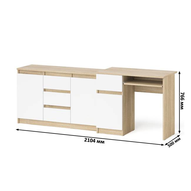 Комод-тумба Мори МК1200 3 ящика и две дверки со столом компьютерным МС-1 левым Мори цвет дуб сонома/белый