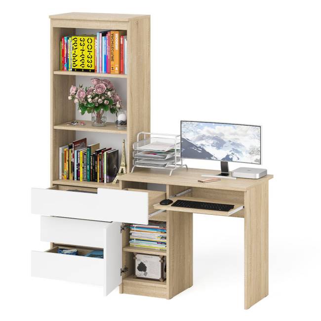 Стол компьютерный с ящиком и дверкой МС-1 левый со стеллажом МСТ600 Мори цвет дуб сонома/белый