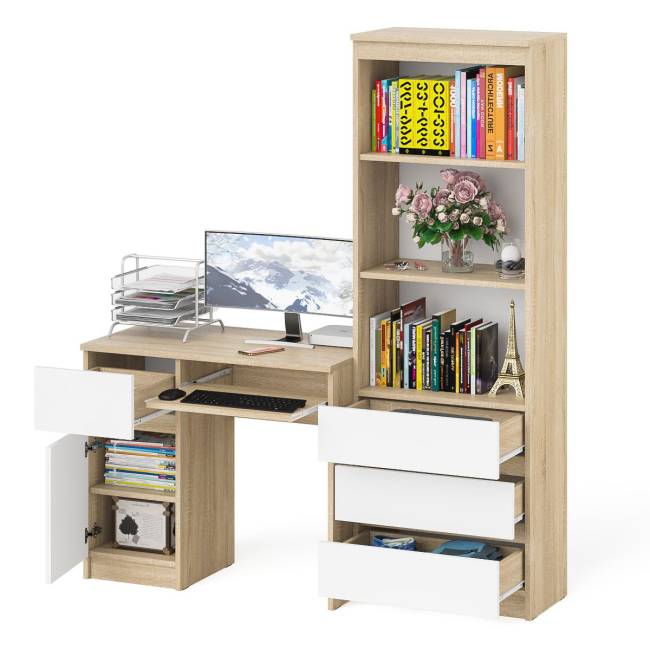 Стол компьютерный с ящиком и дверкой МС-1 левый со стеллажом МСТ600 Мори цвет дуб сонома/белый