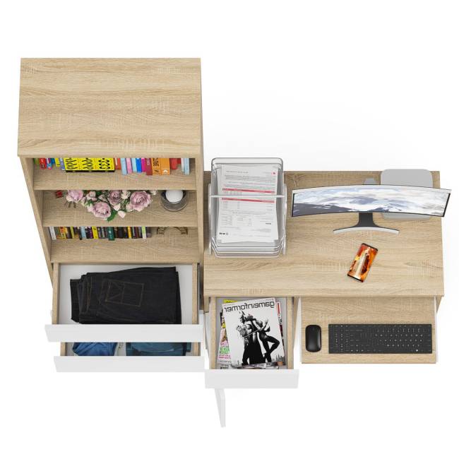 Стол компьютерный с ящиком и дверкой МС-1 левый со стеллажом МСТ600 Мори цвет дуб сонома/белый