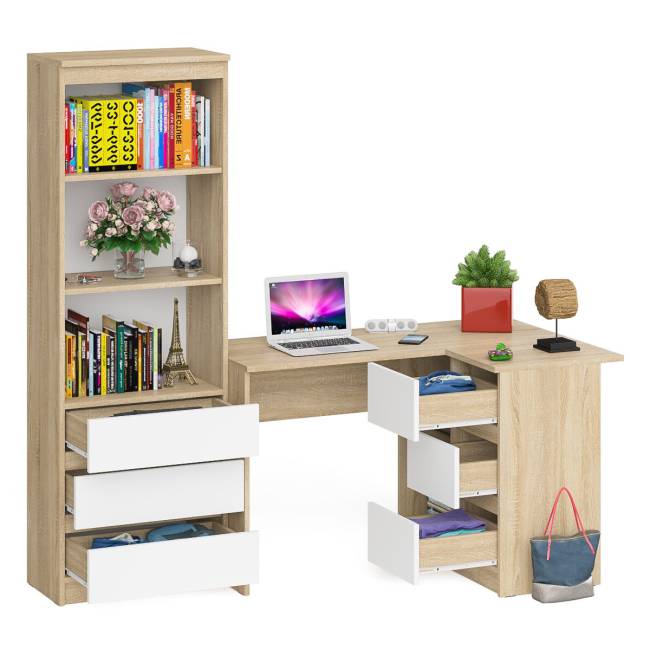 Стеллаж-комод три ящика Мори МСТ-600 с угловым компьютерным столом МС-16 тумба справа цвет дуб сонома/белый