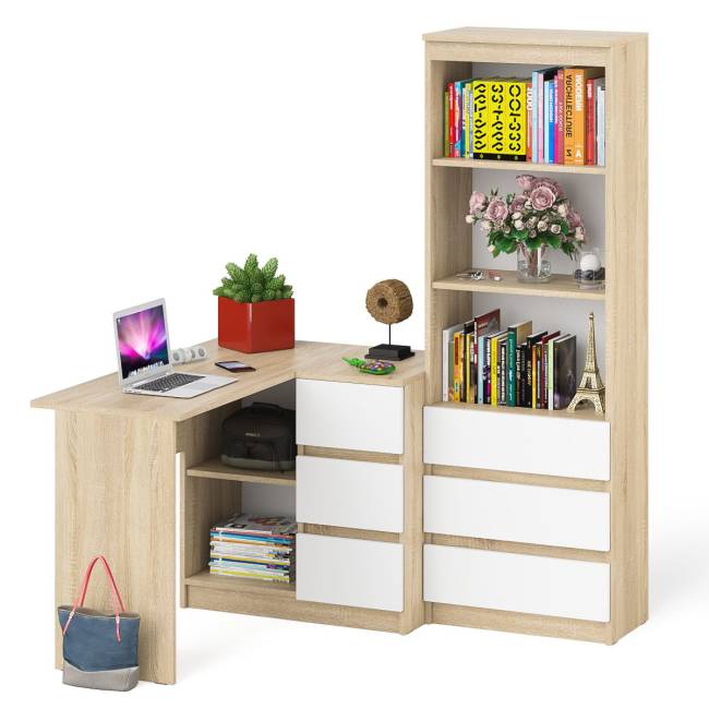 Стеллаж-комод три ящика Мори МСТ-600 с угловым компьютерным столом МС-16 тумба справа цвет дуб сонома/белый