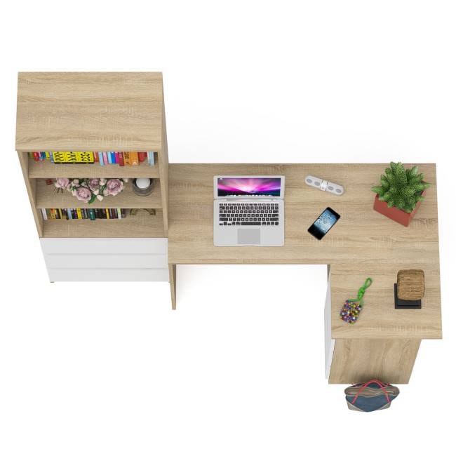 Стеллаж-комод три ящика Мори МСТ-600 с угловым компьютерным столом МС-16 тумба справа цвет дуб сонома/белый