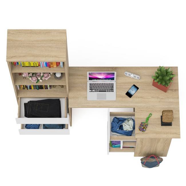 Стеллаж-комод три ящика Мори МСТ-600 с угловым компьютерным столом МС-16 тумба справа цвет дуб сонома/белый